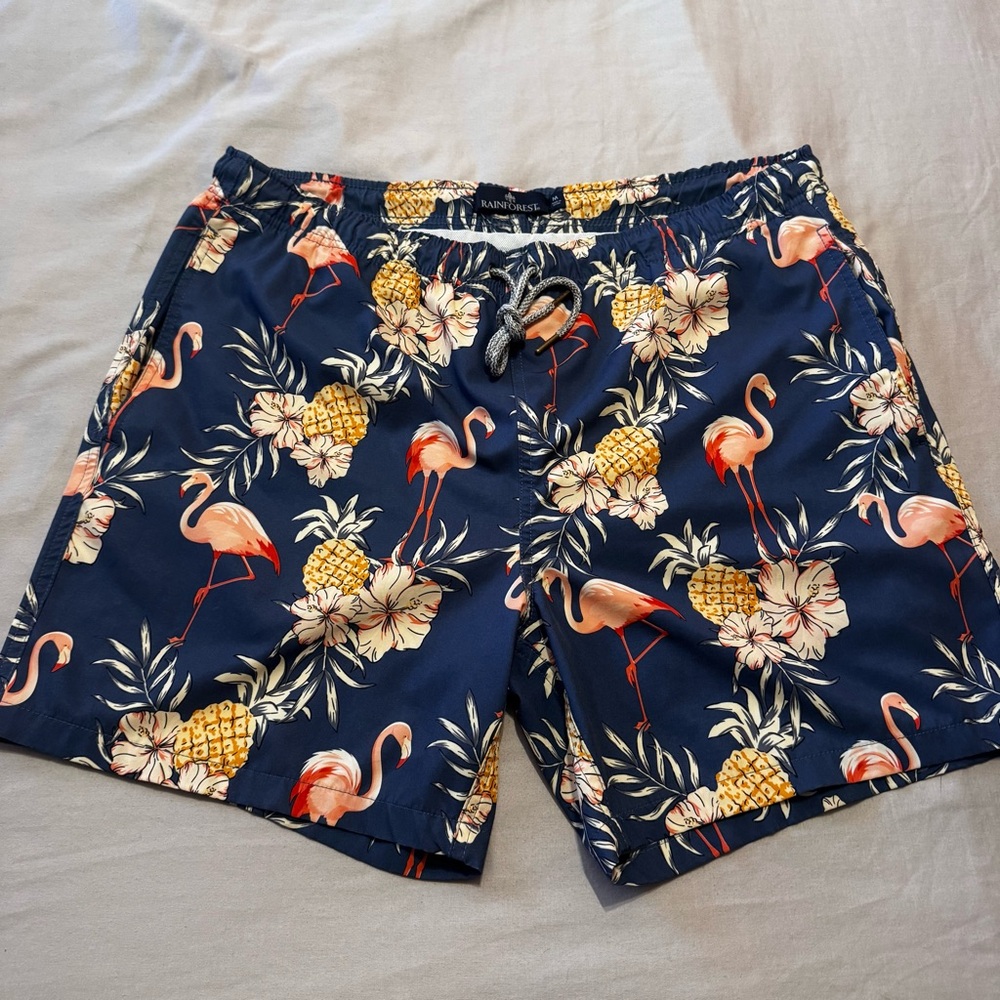RAINFOREST Navy Flamingo Pineapple Swim Trunks - Picture 2 of 8